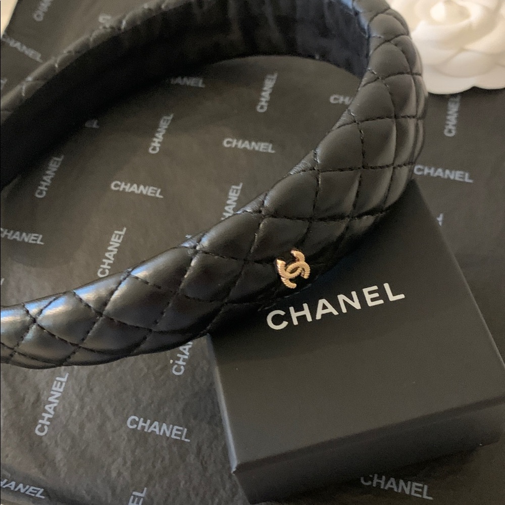 SOLD CHANEL Black Quilted Headband with Gold Accent